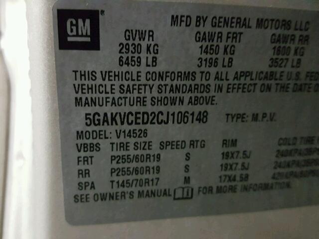 5GAKVCED2CJ106148 - 2012 BUICK ENCLAVE TAN photo 10