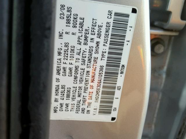 1HGCM56306A105366 - 2006 HONDA ACCORD SE SILVER photo 10