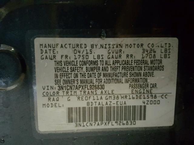 3N1CN7APXFL926830 - 2015 NISSAN VERSA S BLUE photo 10