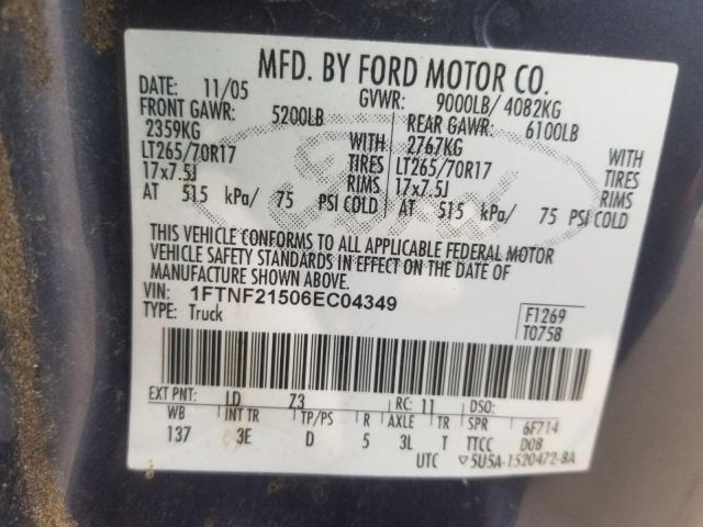 1FTNF21506EC04349 - 2006 FORD F250 SUPER BLUE photo 10