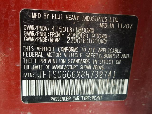 JF1SG666X8H732741 - 2008 SUBARU FORESTER S RED photo 10