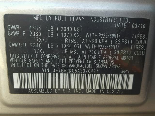 4S4BRCKC5A3370427 - 2010 SUBARU OUTBACK 2. SILVER photo 10