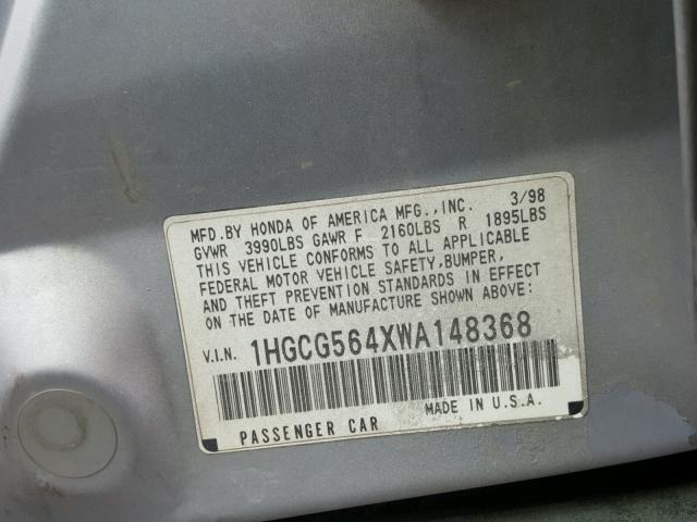 1HGCG564XWA148368 - 1998 HONDA ACCORD LX GRAY photo 10