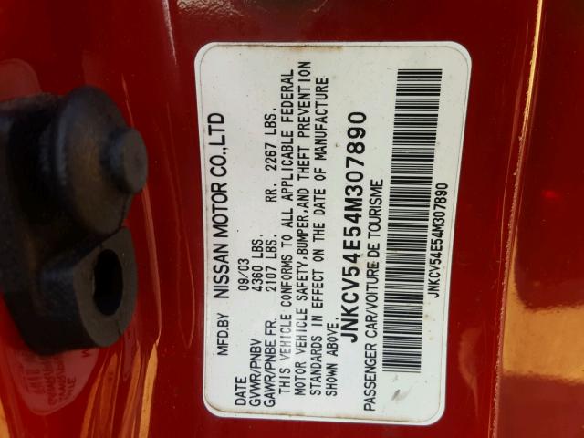 JNKCV54E54M307890 - 2004 INFINITI G35 RED photo 10