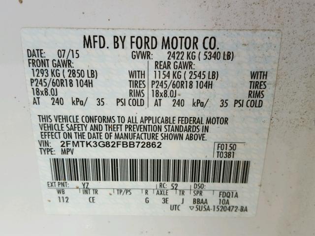 2FMTK3G82FBB72862 - 2015 FORD EDGE SE WHITE photo 10