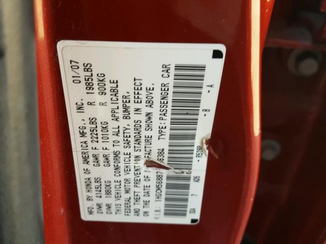 1HGCM56887A086384 - 2007 HONDA ACCORD EX MAROON photo 10