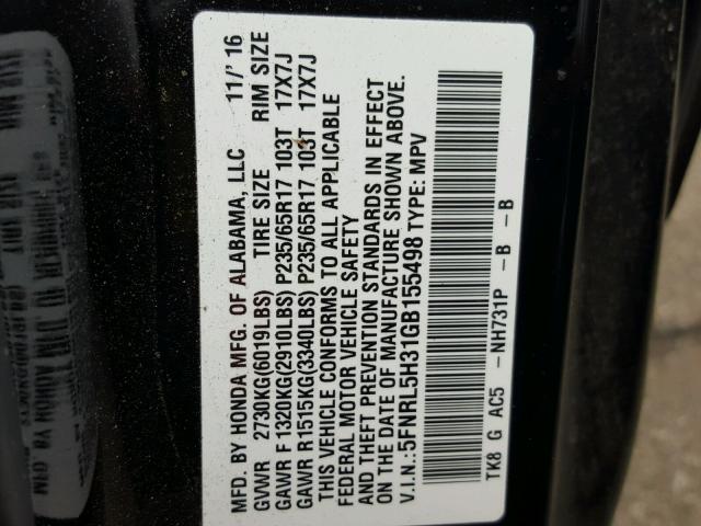 5FNRL5H31GB155498 - 2016 HONDA ODYSSEY SE BLACK photo 10