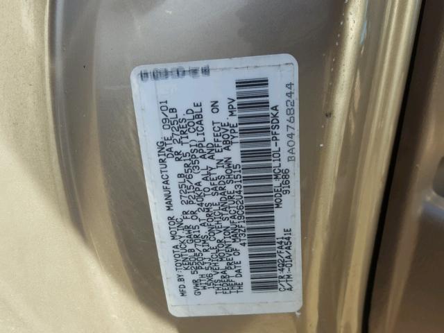 4T3ZF19C62U431515 - 2002 TOYOTA SIENNA CE TAN photo 10