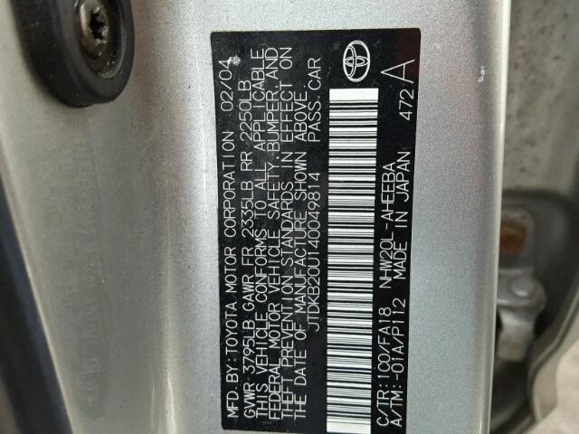 JTDKB20U140049814 - 2004 TOYOTA PRIUS SILVER photo 10