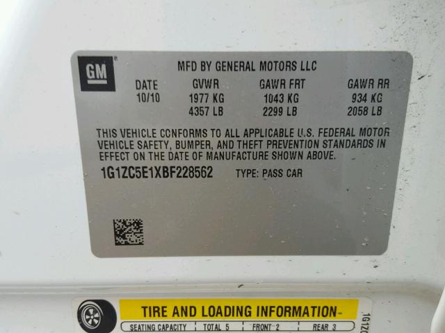 1G1ZC5E1XBF228562 - 2011 CHEVROLET MALIBU 1LT 白色 照片 10