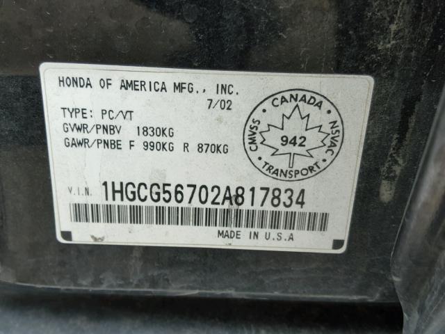 1HGCG56702A817834 - 2002 HONDA ACCORD SE BLACK photo 10