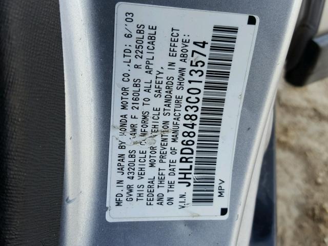 JHLRD68483C013574 - 2003 HONDA CR-V LX SILVER photo 10