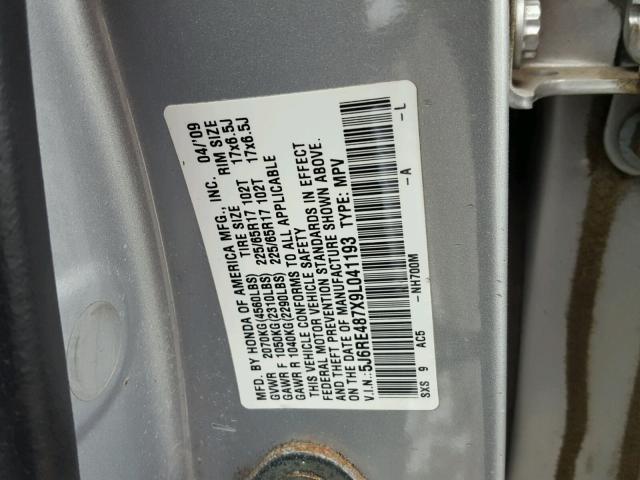 5J6RE487X9L041193 - 2009 HONDA CR-V EXL SILVER photo 10