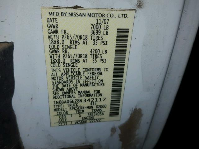 1N6BA06E28N342117 - 2008 NISSAN TITAN XE WHITE photo 10