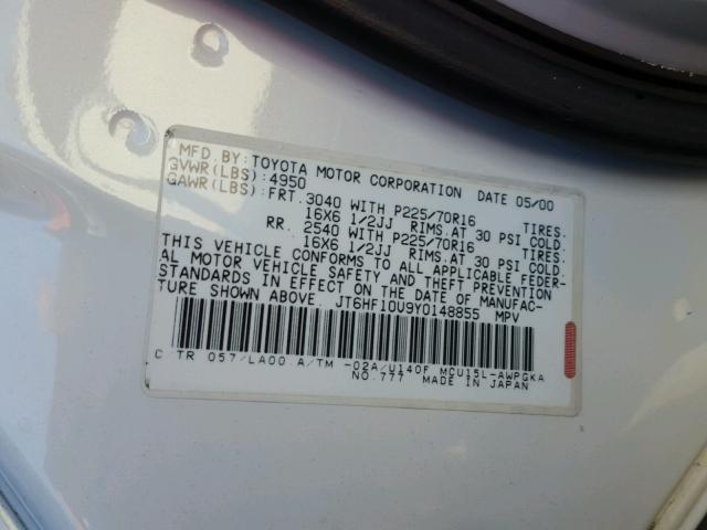 JT6HF10U9Y0148855 - 2000 LEXUS RX 300 WHITE photo 10