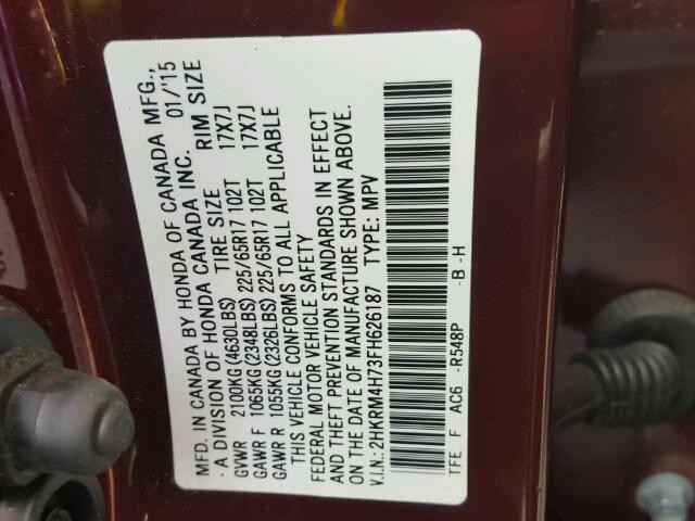 2HKRM4H73FH626187 - 2015 HONDA CR-V EXL BURGUNDY photo 10