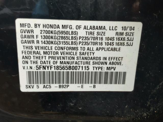 5FNYF18565B007115 - 2005 HONDA PILOT EXL BLACK photo 10