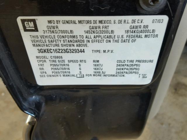 3GKEC16Z23G329344 - 2003 GMC YUKON XL C BLACK photo 10