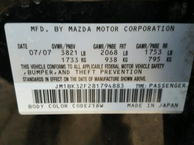 JM1BK32F281794883 - 2008 MAZDA 3 I BLACK photo 10