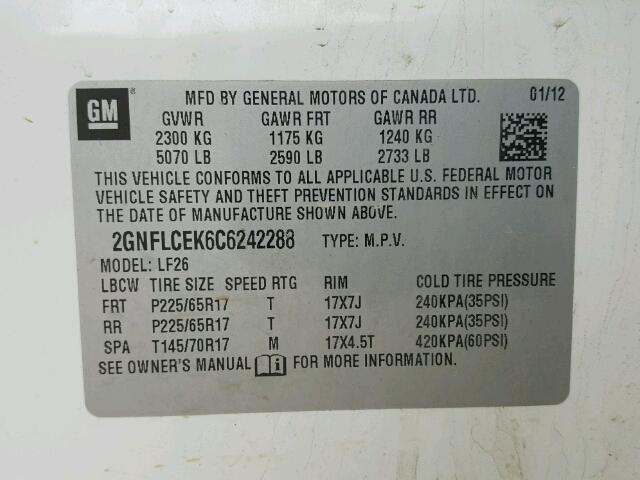 2GNFLCEK6C6242288 - 2012 CHEVROLET EQUINOX LS WHITE photo 10