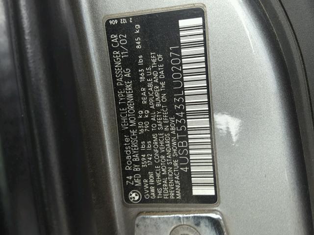 4USBT53433LU02071 - 2003 BMW Z4 3.0 GRAY photo 10