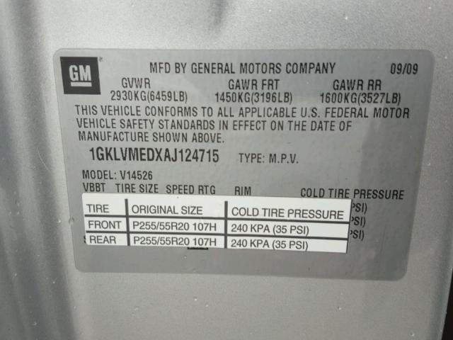 1GKLVMEDXAJ124715 - 2010 GMC ACADIA SLT ვერცხლისფერი ფოტო 10