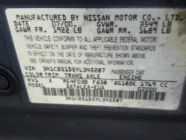 3N1CB51D5YL345287 - 2000 NISSAN SENTRA BAS GRAY photo 10