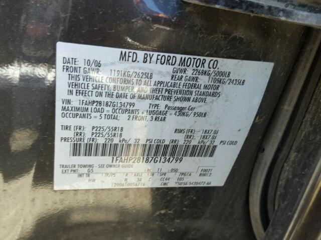 1FAHP28187G134799 - 2007 FORD FIVE HUNDR GRAY photo 10