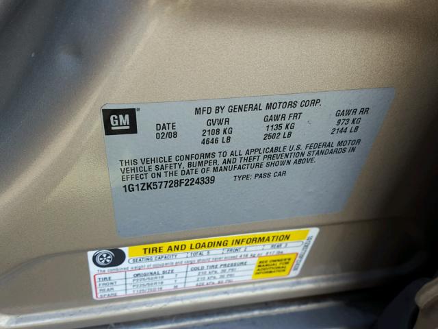 1G1ZK57728F224339 - 2008 CHEVROLET MALIBU LTZ 棕色 照片 10