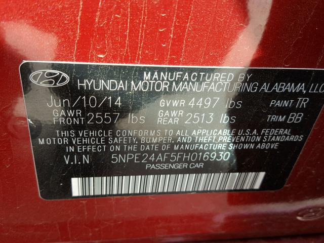 5NPE24AF5FH016930 - 2015 HYUNDAI SONATA SE RED photo 10