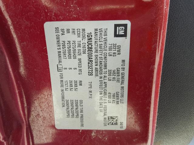 1GNUCBE00AR232728 - 2010 CHEVROLET TAHOE C150 RED photo 10