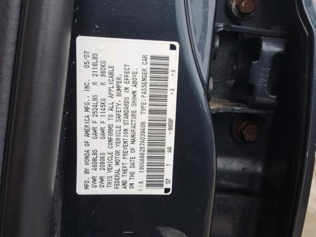 19UUA66257A039408 - 2007 ACURA TL GRAY photo 10