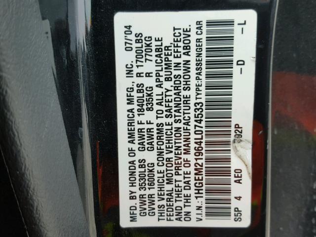 1HGEM21964L074533 - 2004 HONDA CIVIC EX Qara foto 10