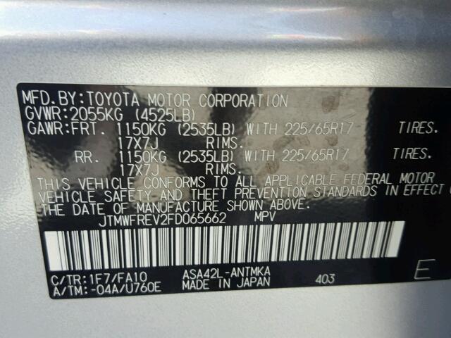 JTMWFREV2FD065662 - 2015 TOYOTA RAV4 XLE SILVER photo 10