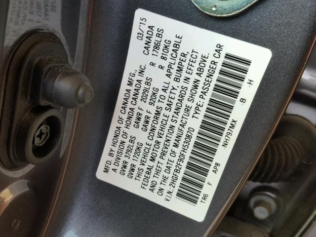 2HGFB2F90FH530870 - 2015 HONDA CIVIC EXL GRAY photo 10