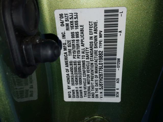 5J6YH28776L019882 - 2006 HONDA ELEMENT EX GREEN photo 10