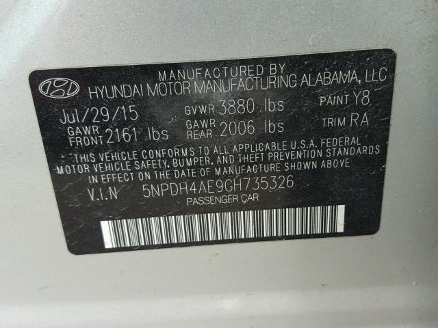 5NPDH4AE9GH735326 - 2016 HYUNDAI ELANTRA SE GRAY photo 10