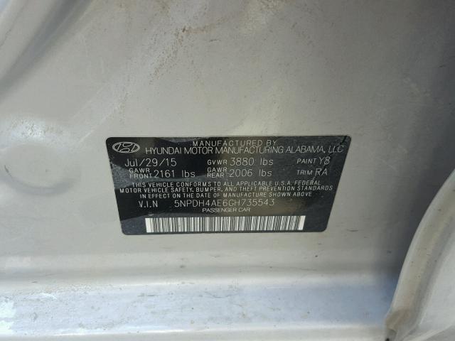 5NPDH4AE6GH735543 - 2016 HYUNDAI ELANTRA SE SILVER photo 10