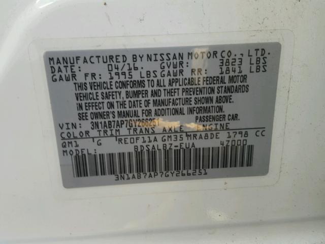 3N1AB7AP7GY266251 - 2016 NISSAN SENTRA S WHITE photo 10