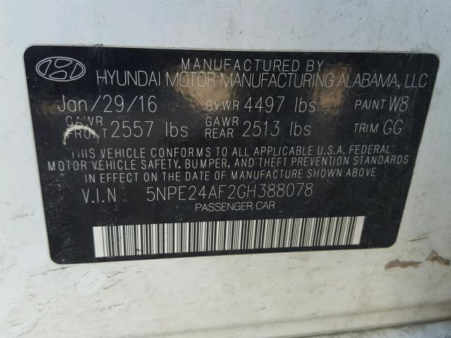 5NPE24AF2GH388078 - 2016 HYUNDAI SONATA SE WHITE photo 10