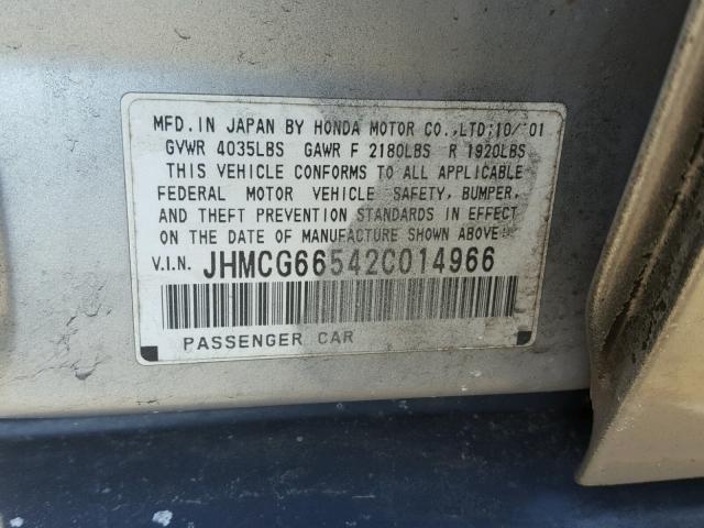 JHMCG66542C014966 - 2002 HONDA ACCORD LX SILVER photo 10