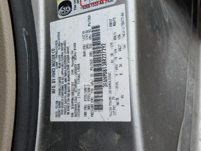 3FAHP08138R227292 - 2008 FORD FUSION SEL GRAY photo 10