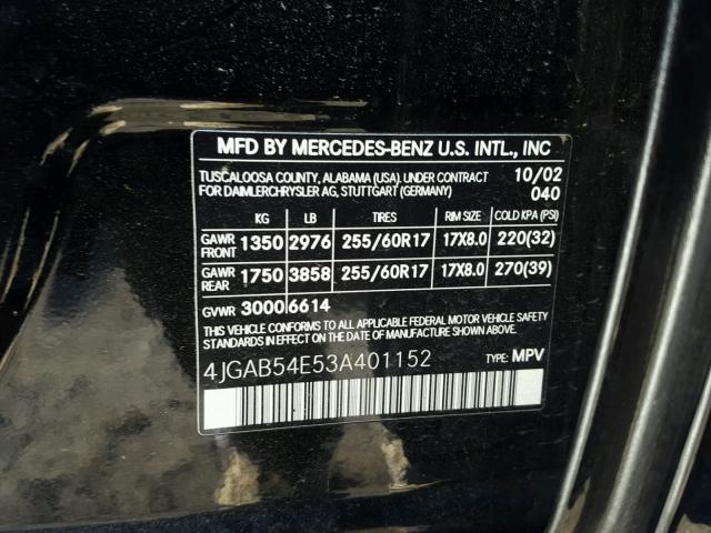 4JGAB54E53A401152 - 2003 MERCEDES-BENZ ML 320 BLACK photo 10