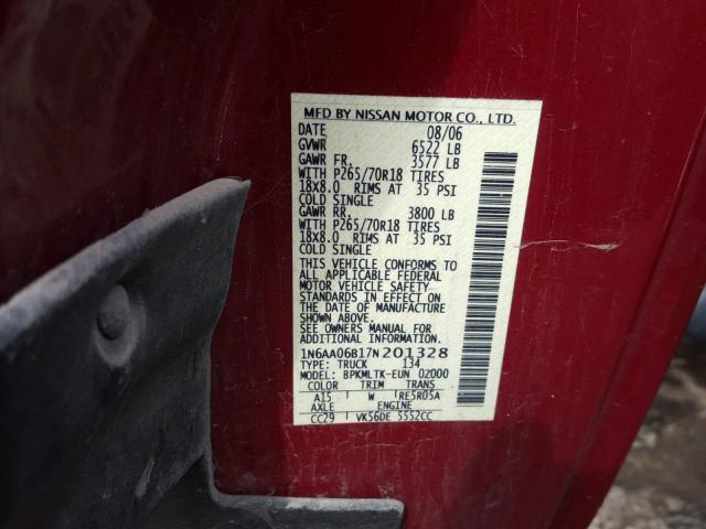 1N6AA06B17N201328 - 2007 NISSAN TITAN XE RED photo 10