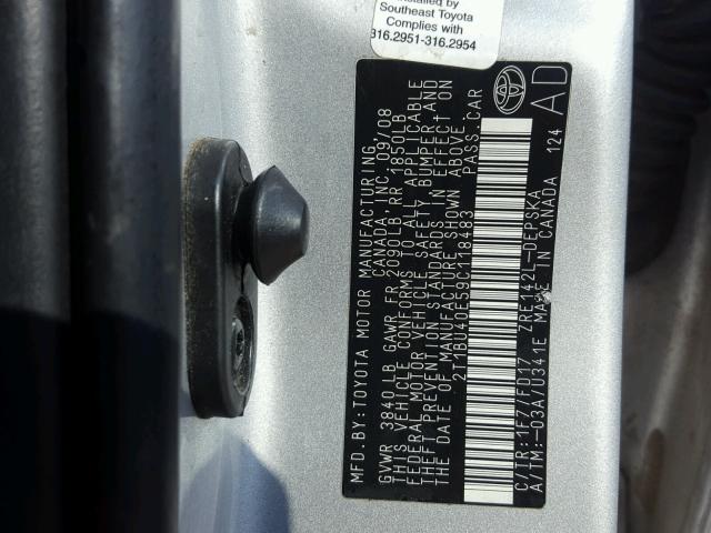 2T1BU40E59C118483 - 2009 TOYOTA COROLLA BA SILVER photo 10