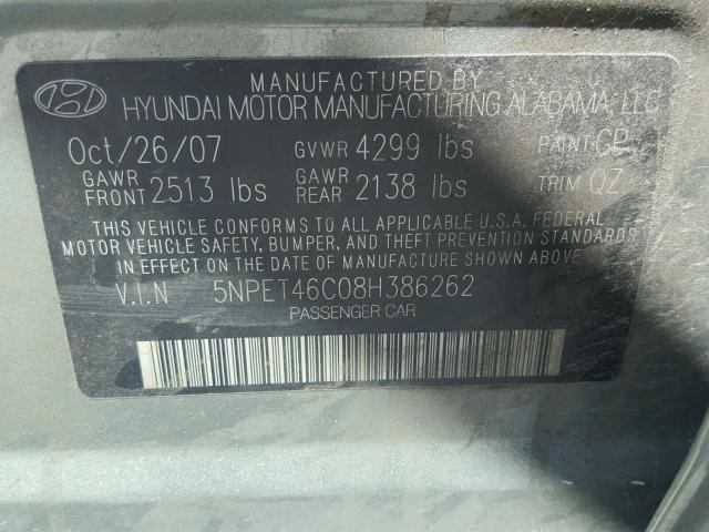 5NPET46C08H386262 - 2008 HYUNDAI SONATA GLS GREEN photo 10