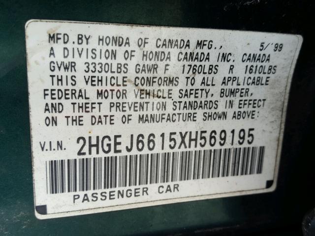 2HGEJ6615XH569195 - 1999 HONDA CIVIC BASE GREEN photo 10