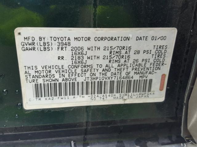 JT3HP10VXY7164864 - 2000 TOYOTA RAV4 GREEN photo 10