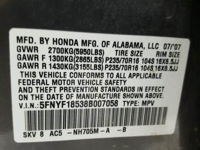 5FNYF18538B007058 - 2008 HONDA PILOT EXL GRAY photo 10