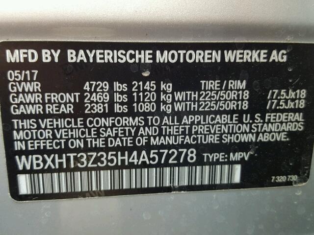 WBXHT3Z35H4A57278 - 2017 BMW X1 XDRIVE2 SILVER photo 10